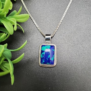 QQ-899 | Southwestern Azurite Malachite Rectangle Necklace Pendant | Sterling Silver Azurite Pendant | Unisex Blue Green Azurite Pendant