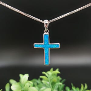 QQ-483 | Big Blue Opal Inlay Cross Necklace Pendant | Sterling Silver Fire Opal Cross Pendant | Inlay Blue Opal Cross Necklace Pendant