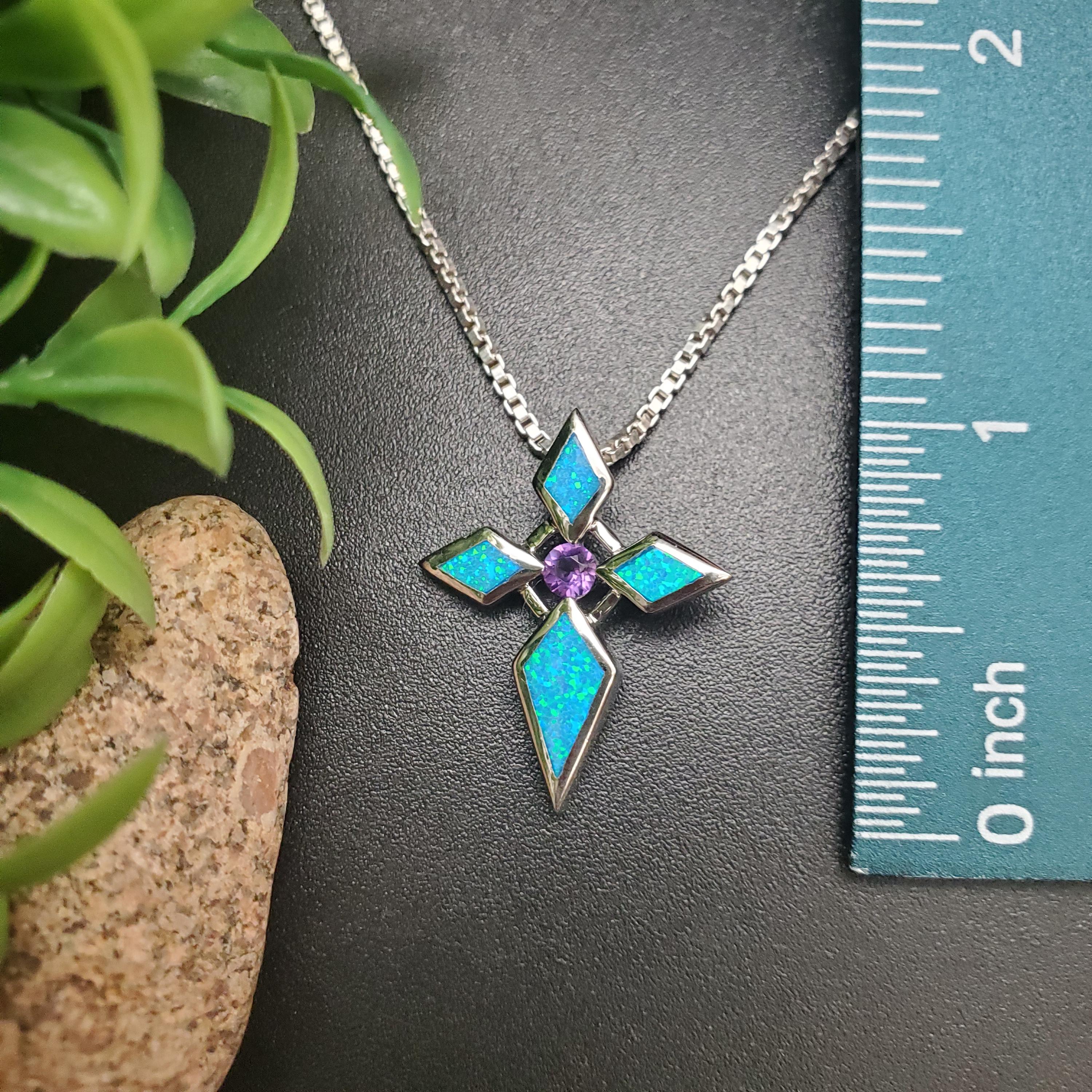 QQ-742 | Dainty Purple Amethyst Blue Opal Inlay Cross Necklace
