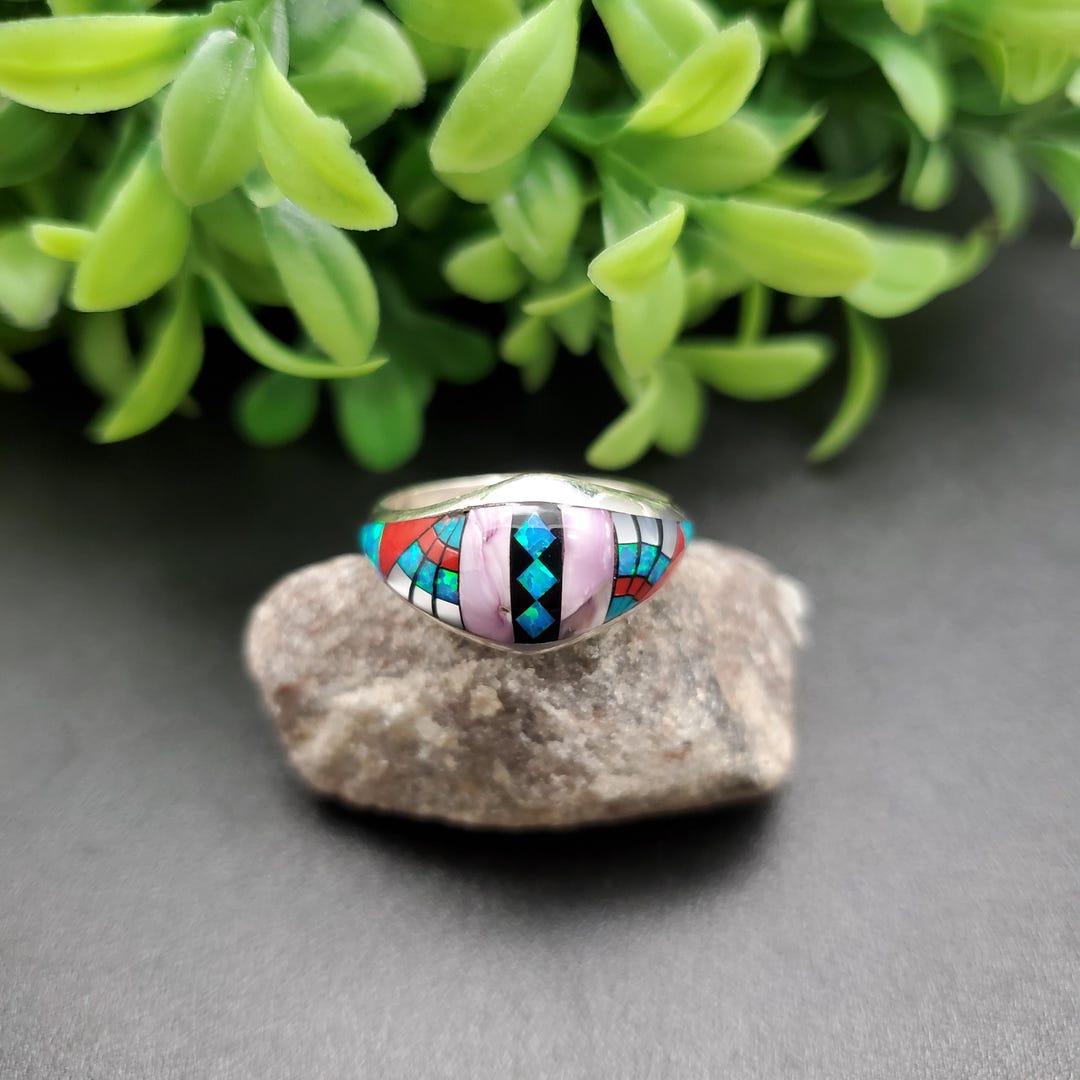GG-015 | Silver Inlay Opal Ring | Micro Inlay Southwest Ring | Sterling ...