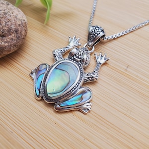 ATS-AYU079 | Big Abalone Shell Inlay Frog Necklace Pendant Option With Silver Chain | Sterling Silver Paua Shell Frog Pendant | Frog Pendant