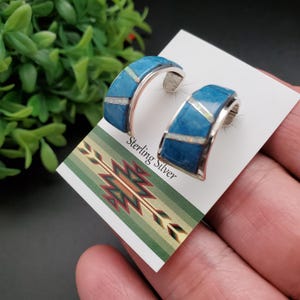 QQ-433 | Lovely Opal, Denim Lapis Earring Posts | Sterling Silver Multicolor Inlay Hoops | Opal, Denim Lapis Hoops | Inlay Southwest Hoops