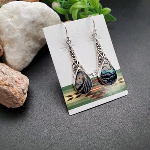 FFD #525 | Abalone Shell Inlay Teardrop Dangle Earrings | Sterling Silver Abalone Shell Earrings | Dainty Paua Shell Earrings | Gift For Her