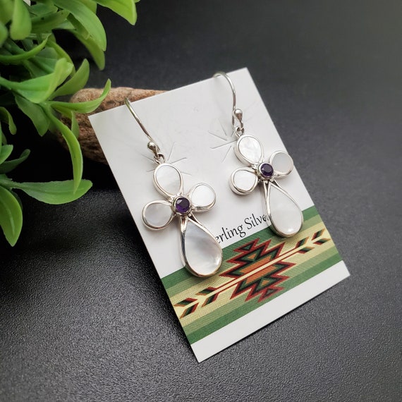 Purple Mother of Pearl Sterling Silver Dragonfly Dangle Earrings Purple Mother of Pearl Sterling Silver Dragonfly Dangle Earrings