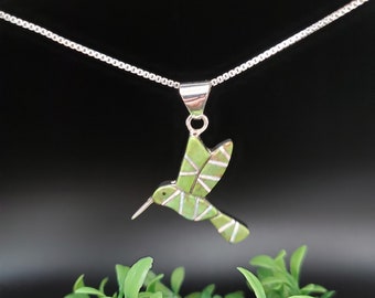 QQ-368 | White Opal Green Gaspeite Hummingbird Necklace Pendant | Sterling Silver Gaspeite Hummingbird Pendant | Silver Hummingbird Necklace