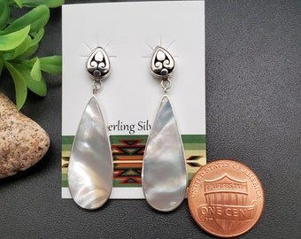 JJS-634 | White Mother of Pearl Dangle Earrings | Sterling Silver White Shell Earrings | Lovely White Mother of Pearl Inlay Earrings