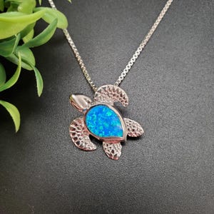 FFD #206 | Dainty Blue Opal Turtle Necklace Pendant Option Silver Box Chain | Sterling Silver Blue Opal Sea Turtle Pendant | Blue Sea Turtle
