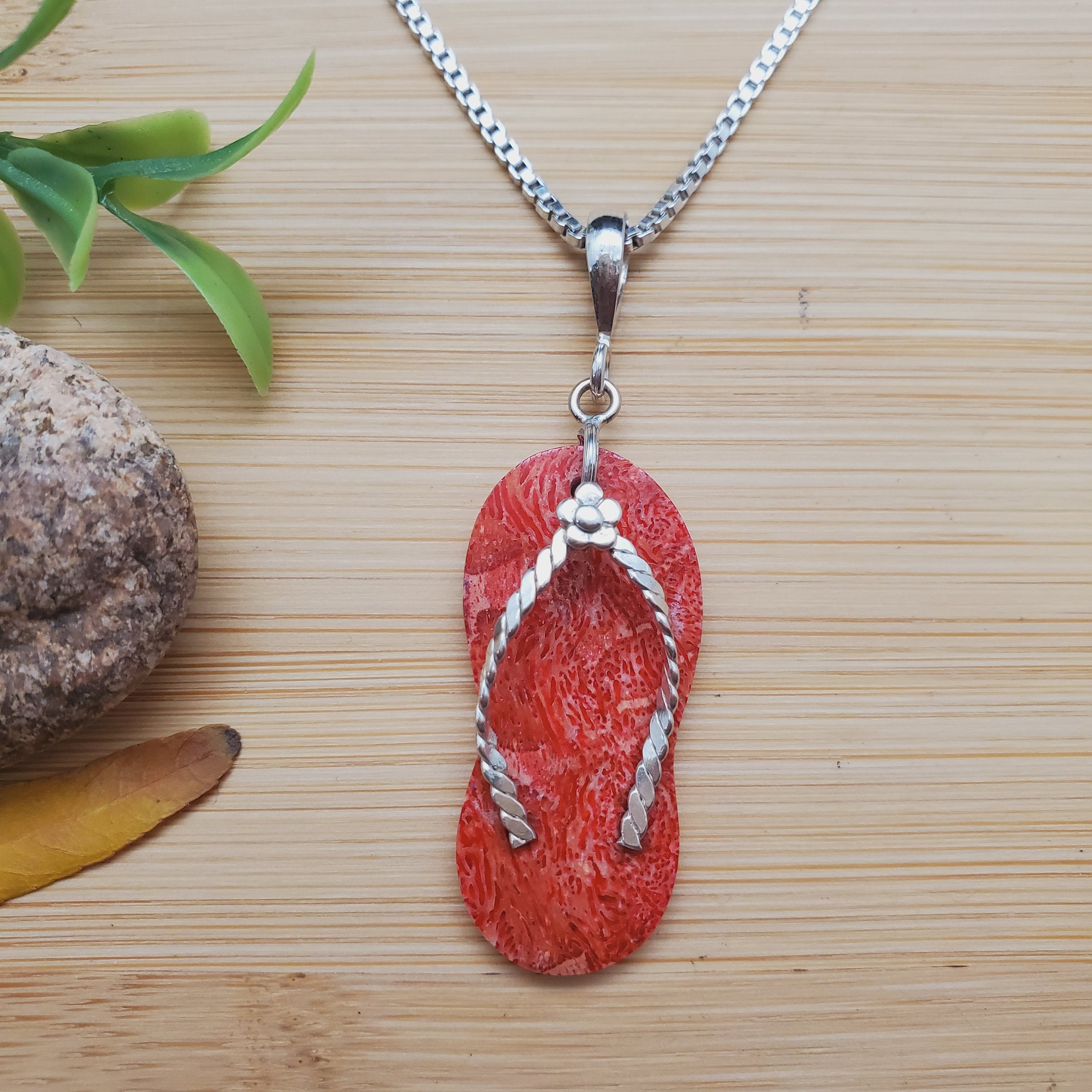 ATS-AYU071 | Orange Coral Flip Flop Necklace Pendant Option With Silver Chain | Sterling Silver Flip Flop Pendant | Silver Flip Flop Jewelry