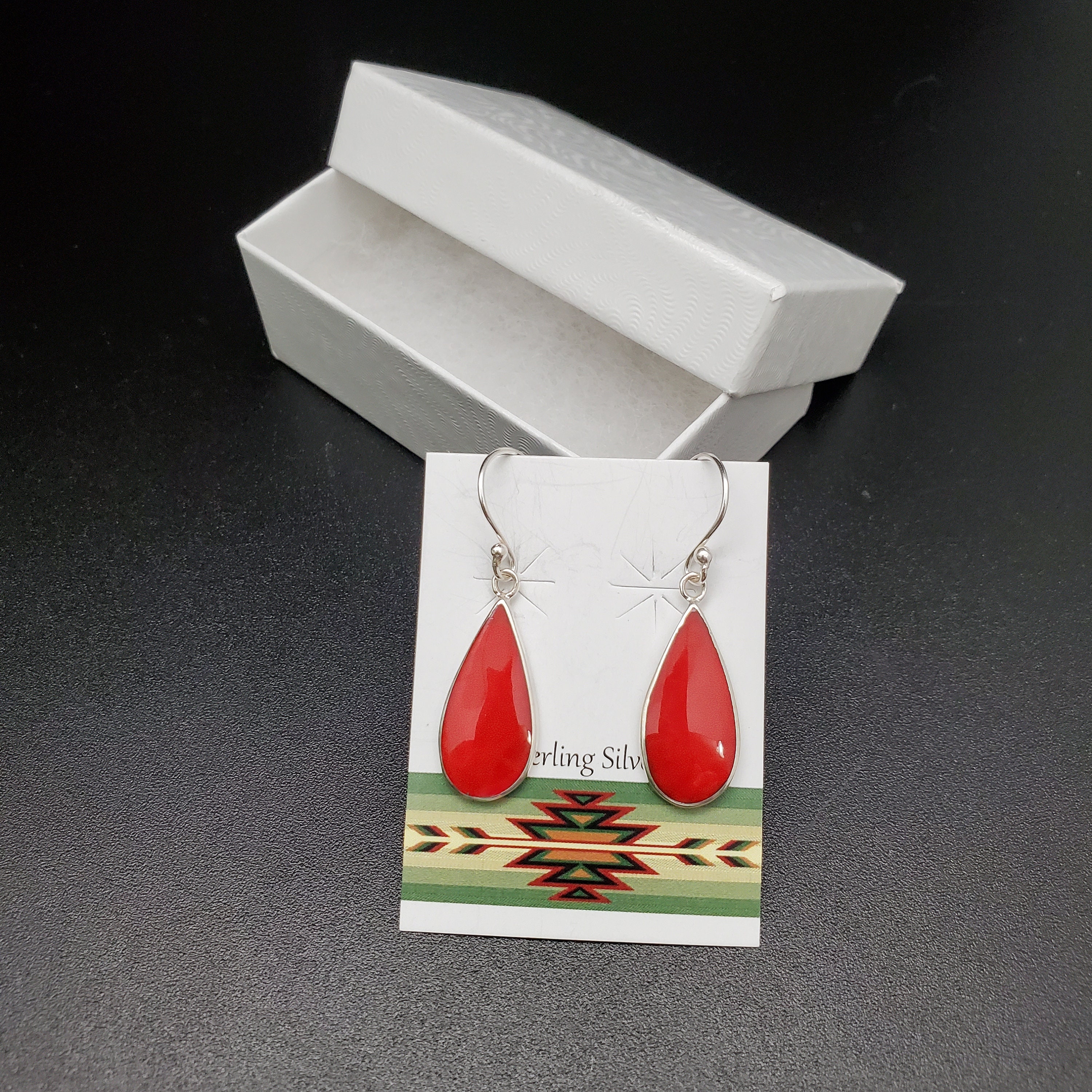 ATS-AYU189 | Red Coral Inlay Dangle Earrings | Sterling Silver Red