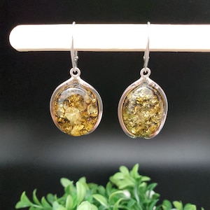 QQ-091 | Natural Baltic Amber Drop Earrings | Sterling Silver Unique Baltic Amber Earrings | Big Green Amber Leverback Earrings Gift For Her