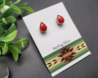 JJS-651 | Dainty Small Red Coral Teardrop Earrings | Sterling Silver Red Coral Post Earrings | Silver Red Stone Studs | Teardrop Coral Post