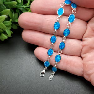 QQ-652 | Blue Opal Bracelet | Sterling Silver Opal Inlay Link Bracelet | Fire Opal Silver Bracelet | Opal Link Bracelet | Gifts For Her