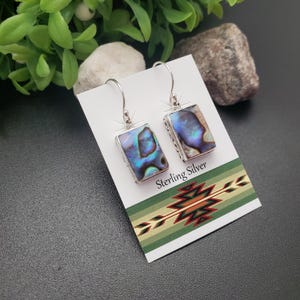 ATS-AYU193 | Abalone Shell Inlay Rectangle Earrings | Sterling Silver Abalone Shell Inlay Earrings | Paua Shell Earrings | Abalone Earrings