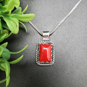 QQ-864 | Southwestern Red Coral Rectangle Necklace Pendant | Sterling Silver Red Coral Pendant | Unisex Red Coral Jewelry | Gift For Her