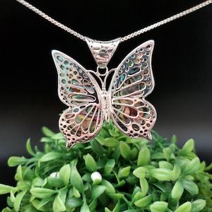 QQ-618 | Inlaid Abalone Shell Inlay Butterfly Necklace Pendant Option With Silver Chain | Sterling Silver Paua Shell Butterfly Pendant