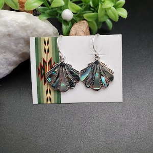 FFD #517 | Abalone Shell Inlay Dangle Earrings | Sterling Silver Abalone Shell Earrings | Dainty Paua Shell Earrings | Big Abalone Earrings