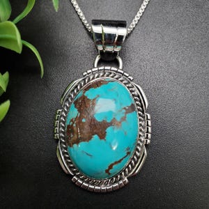 FFD #715 | Natural Kingman Turquoise Necklace Pendant With Option of Silver Chain | Handmade Sterling Silver Turquoise Pendant Necklace