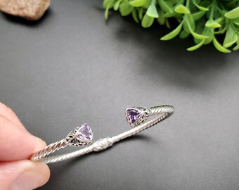 Bracelet Manchette En Argent 925 Avec Améthyste - Fait Main, Réglable - 7-8 Pouces