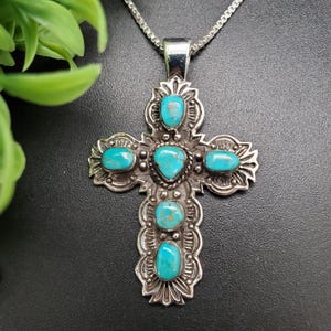 ATS#PD243 | Türkis Kreuz Anhänger Halskette | Sterling Silber Tibetanischer Türkis Kreuz Anhänger | Blau Türkis Kreuz Anhänger | Jesus Kreuz