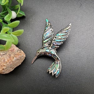 FFD #432 | Big Abalone Shell Inlay Hummingbird Pin | Sterling Silver Abalone Hummingbird Pin | Lovely Silver Inlay Hummingbird Gifts For Her