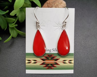 ATS-AYU189 | Red Coral Inlay Dangle Earrings | Sterling