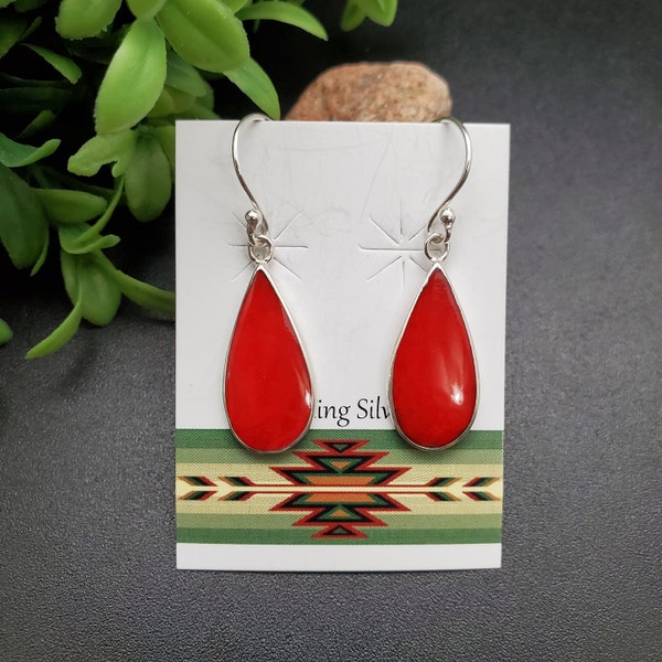 ATS-AYU189 | Red Coral Inlay Dangle Earrings | Sterling Silver Red Coral Earrings | Red Coral Teardrop Earrings | Big Red Simple Earrings