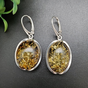 QQ-092 | Natural Baltic Amber Drop Earrings | Sterling Silver Unique Baltic Amber Earrings | Big Green Amber Leverback Earrings Gift For Her