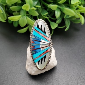GG-076 | Unique Inlay Ring | Pattern Inlay Southwest Ring | Sterling Silver Inlay Ring | Lady Ring | Multicolor Inlay Ring | Ring For Her