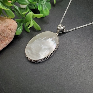 ATS-AYU335 | White Mother of Pearl Necklace Pendant Option With Silver Chain | Sterling Silver White Shell Pendant | Mother of Pearl Pendant