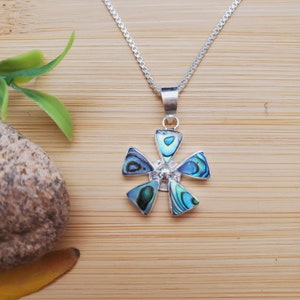 ATS-AYU066 | Abalone Shell Inlay Flower Necklace Pendant Option With Silver Chain | Sterling Silver Paua Shell Flower Pendant | Small Flower