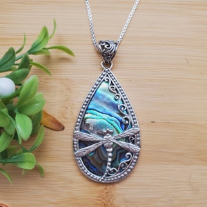ATS-AYU091 | Inlay Abalone Shell Butterfly Necklace Pendant Option With Silver Chain | Sterling Silver Paua Shell Butterfly Teardrop Pendant