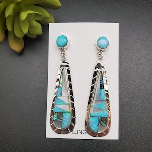 QQ-234 | Long Multicolor Southwestern Inlay Earrings | Sterling Silver Southwest Earring Posts | Colorful Drop  Earrings | Colors Earrings