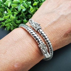 KK-221 | Sterling Silver Dragon Heads Bracelet Cuff | Balinese 2 Heads Dragon Bracelet Cuff | Silver Dragon Bracelet Cuff | Dragon Jewelry