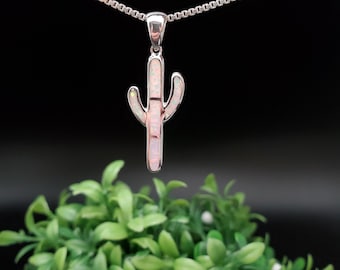 QQ-496 | Dainty White Opal Cactus Necklace Pendant | Sterling Silver Cactus Pendant | Silver Cactus Necklace | White Opal Cactus Jewelry