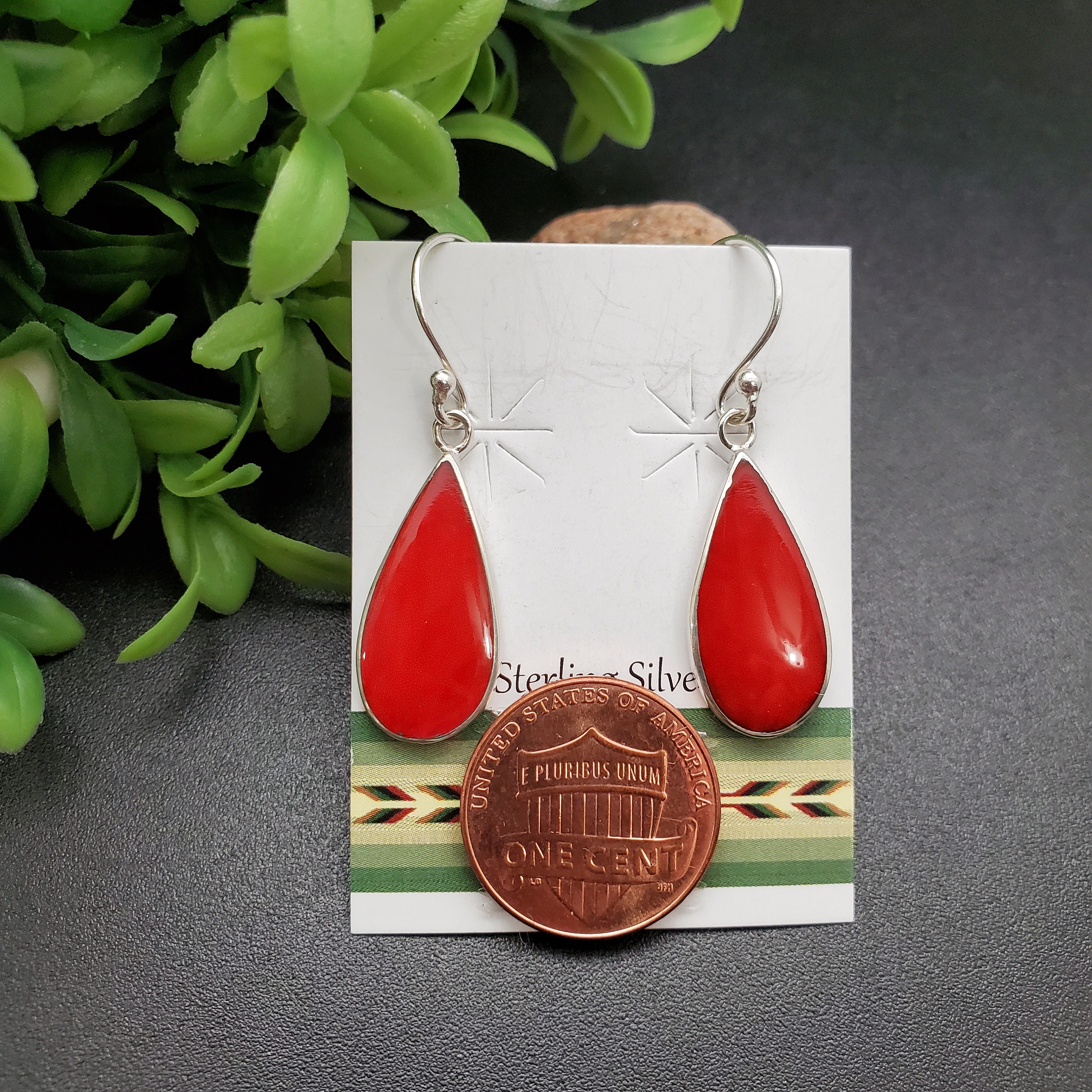 ATS-AYU189 | Red Coral Inlay Dangle Earrings | Sterling Silver Red