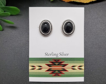 ATS-PST059 / Aretes de ónix negro ovalado de 9 x 11 mm / Aretes negros de plata de ley / Aretes pequeños de ónix negro estilo suroeste / Joyería de ónix negro