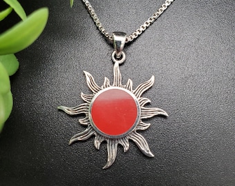 ATS-AYU090 | Simple Red Coral Sun Necklace Pendant Option With Silver Chain | Sterling Silver Red Coral Pendant | Balinese Red Sun Jewelry