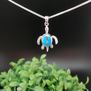FFD #202 | Dainty Blue Opal Turtle Necklace Pendant Option Silver Box Chain | Sterling Silver Blue Sea Turtle Pendant | Sea Turtle Necklace
