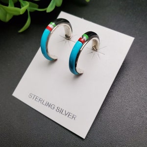 HEP27 | Lovely Turquoise Multicolor Inlay Hoop Earring Posts | Sterling Silver Multicolor Earrings |  Multicolor Inlay Earrings Gift For Her