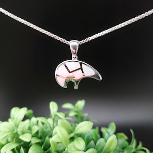 QQ-375W | White Opal Inlay Bear Pendant Necklace | Sterling Silver White Opal Zuni Bear Necklace Pendant | Opal Bear Pendant | Lovely Gift