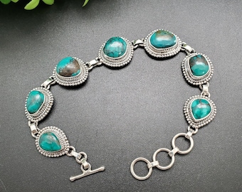 KK-214 | Turquoise Bracelet Fits 7.5 to 8.5 Inches Wrist | Turquoise Link Bracelet | Sterling Silver Turquoise Bracelet Links | Gift For Her