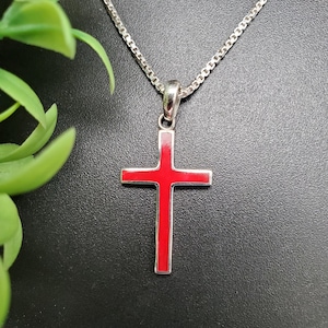 ATS-AYU060 | Dainty Red Coral Inlay Cross Pendant Necklace Option Silver Chain | Sterling Silver Coral Cross Necklace | Red Cross Pendant