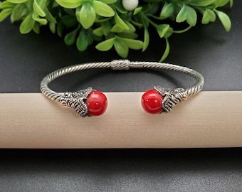 KK-196 | Sterling Silver Red Coral Bracelet Cuff | Balinese Red Coral Bracelet Cuff | Handmade Coral Silver Bracelet Jewelry | Gift For Her
