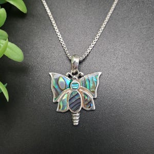FFD #437 | Abalone Inlay Butterfly Necklace Pendant Option With Silver Chain | Sterling Silver Paua Shell Butterfly Pendant Necklace