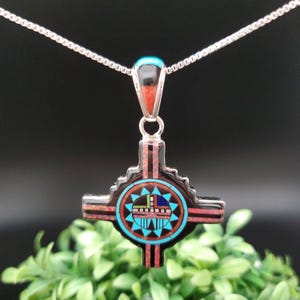 QQ-527 | Multicolor Inlay Zia Necklace Pendant Option With Silver Chain | Sterling Silver Zia Pendant Necklace | Big ABQ NM Zia Necklace