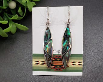 QQ-718 | Abalone Shell Inlay Marquise Dangle Earrings | Sterling Silver Abalone Shell Earrings | Dainty Paua Shell Earrings | Gift For Her