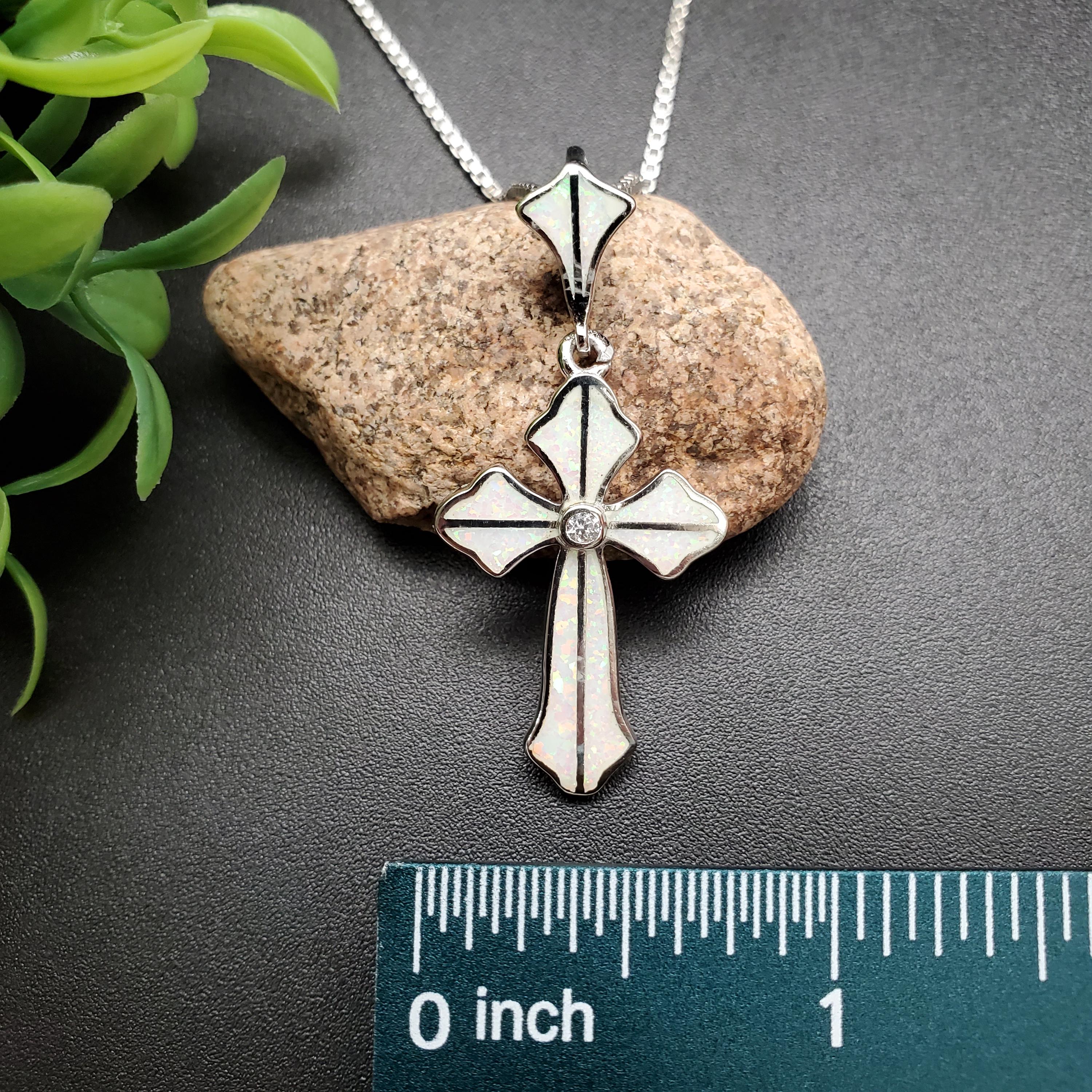 QQ-497 | CZ White Opal Inlay Cross Necklace Pendant | Sterling