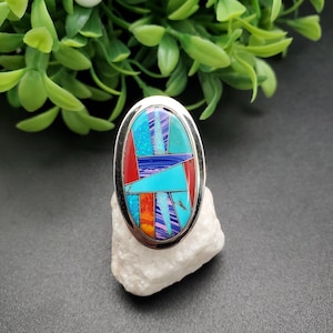 GG-070 | Opal Inlay Ring | Pattern Inlay Southwest Ring | Sterling Silver Inlay Ring | Lady Ring | Multicolor Inlay Ring | Ring For Her