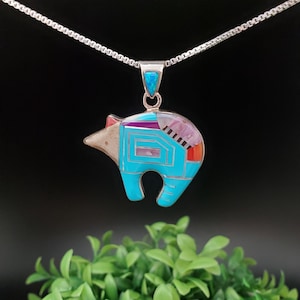 JJS-723 | Big Unique Inlay Multicolor Bear Necklace Pendant Option With Silver Chain | Sterling Silver Turquoise Bear Pendant Necklace
