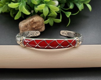 KK-197 | Sterling Silver Red Coral Bracelet Cuff | Balinese Red Coral Bracelet Cuff | Handmade Coral Silver Bracelet Jewelry | Gift For Her